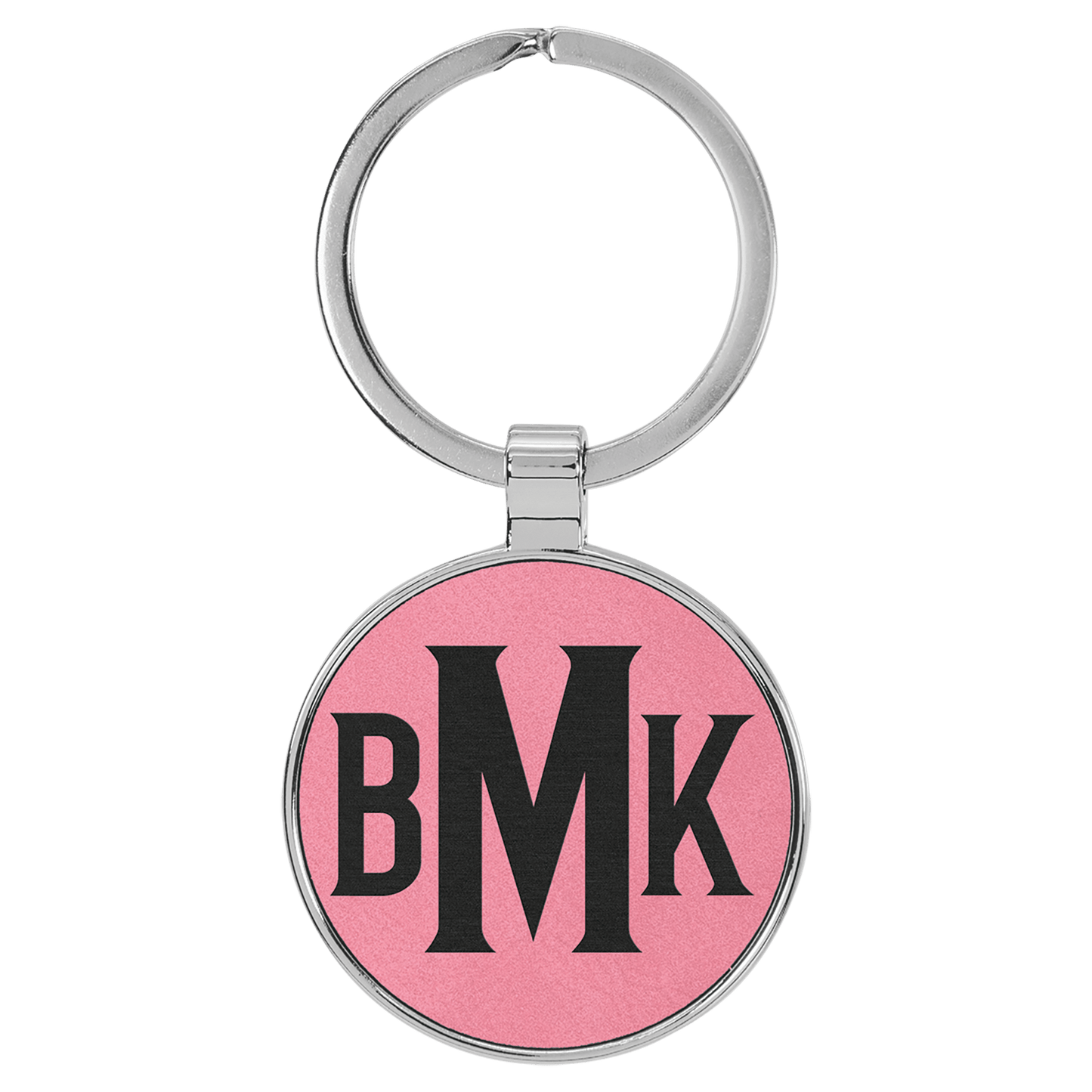 1 1/2" Laserable Leatherette/Metal Pink Round Keychain (Sold by Case of 50)