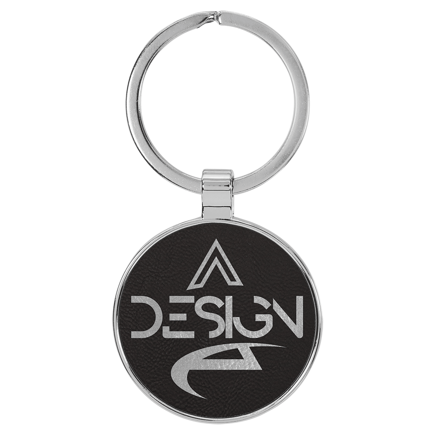 1 1/2" Laserable Leatherette/Metal Black/Silver Round Keychain (Sold by Case of 50)