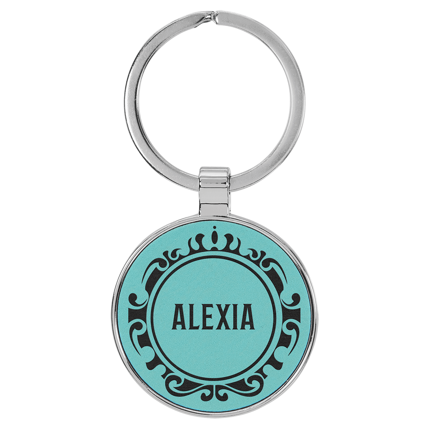 1 1/2" Laserable Leatherette/Metal Teal Round Keychain (Sold by Case of 50)
