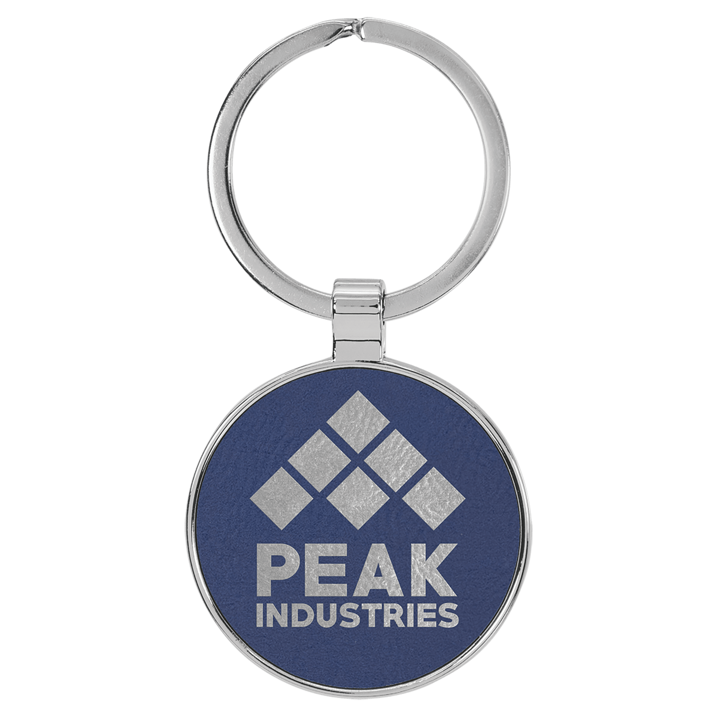 1 1/2" Laserable Leatherette/Metal Blue/Silver Round Keychain (Sold by Case of 50)
