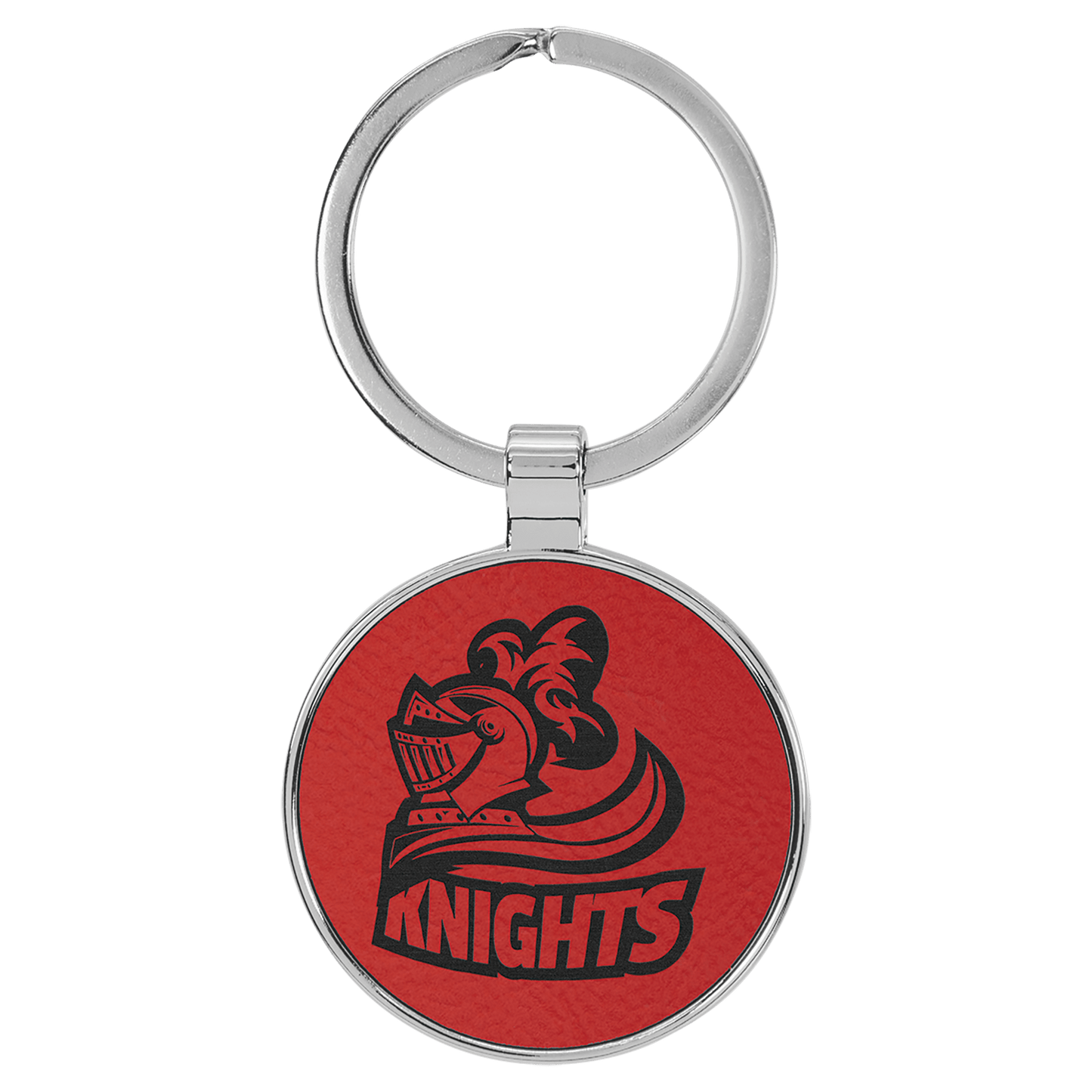 1 1/2" Laserable Leatherette/Metal Red Round Keychain (Sold by Case of 50)