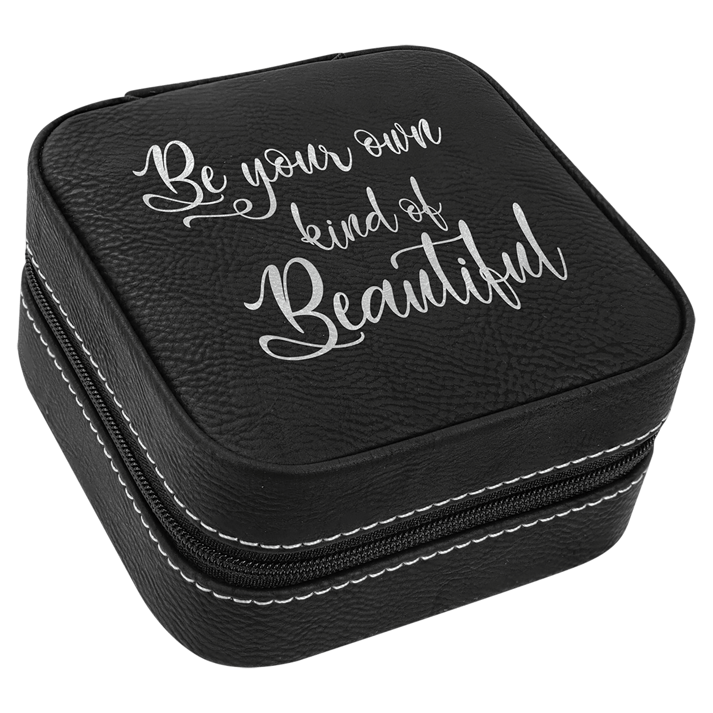 4" x 4" Black/Silver Laserable Leatherette Travel Jewelry Box with Tan Lining (Sold by Case of 6)