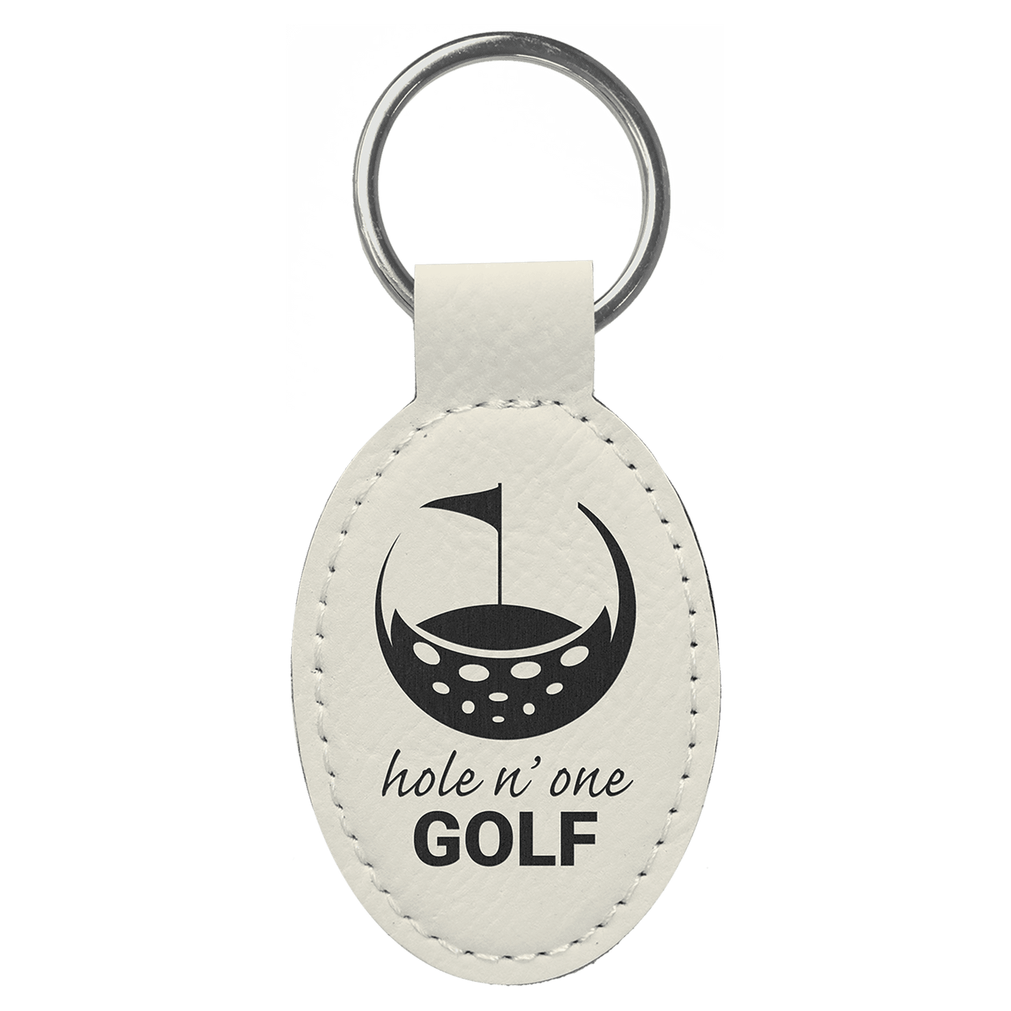 3" x 1 3/4" White Laserable Leatherette Oval Keychain (Sold by Case of 50)