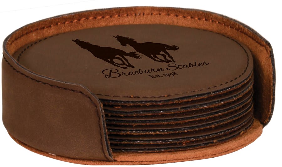 4" Dark Brown Round Laserable Leatherette 6-Coaster Set (Sold by Case of 4)