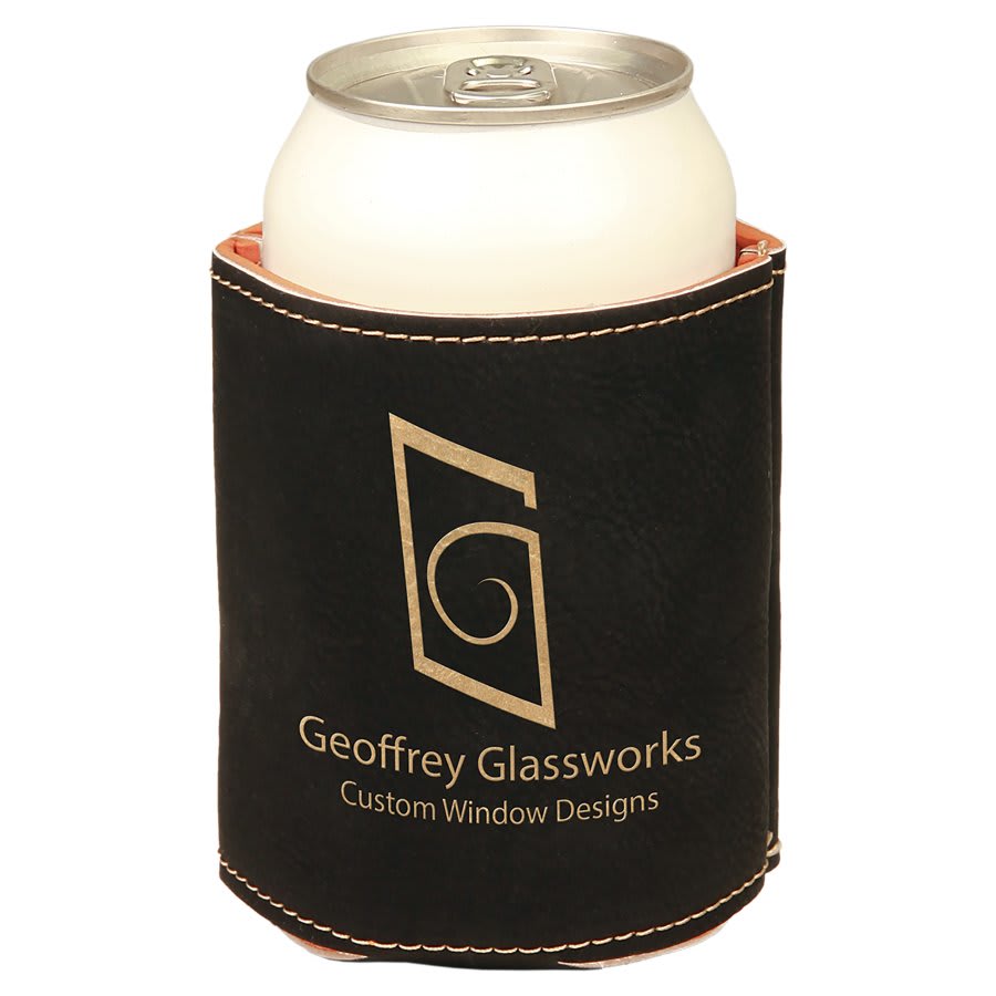 3 3/4" Black/Gold Laserable Leatherette Beverage Holder (Sold by Case of 25)
