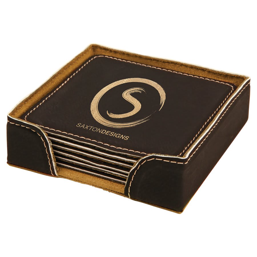 4" x 4" Black/Gold Square Laserable Leatherette 6-Coaster Set (Sold by Case of 4)