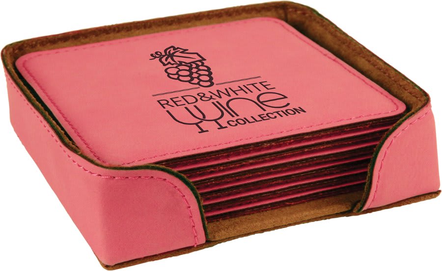 4" x 4" Pink Square Laserable Leatherette 6-Coaster Set (Sold by Case of 4)