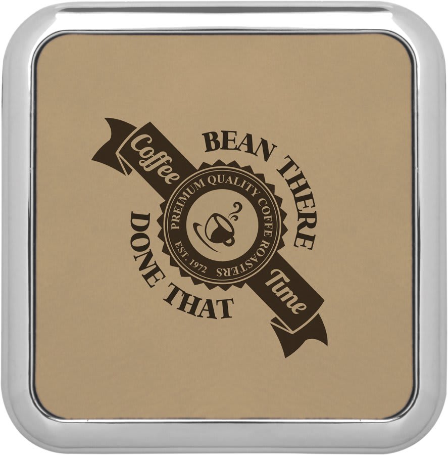 3 5/8" x 3 5/8" Square Light Brown Laserable Leatherette Coaster w/Silver Edge (Sold by Case of 4)