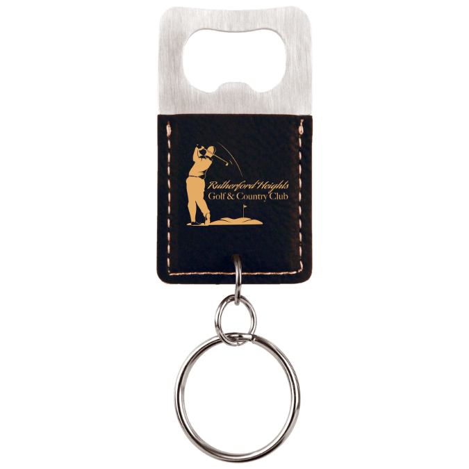 Rectangle Black/Gold Laserable Leatherette Bottle Opener Keychain (Sold by Case of 25)
