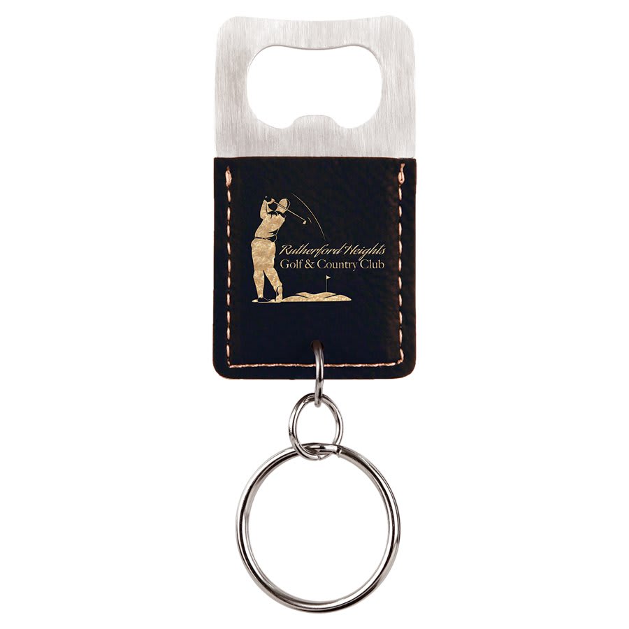 Rectangle Black/Gold Laserable Leatherette Bottle Opener Keychain (Sold by Case of 25)