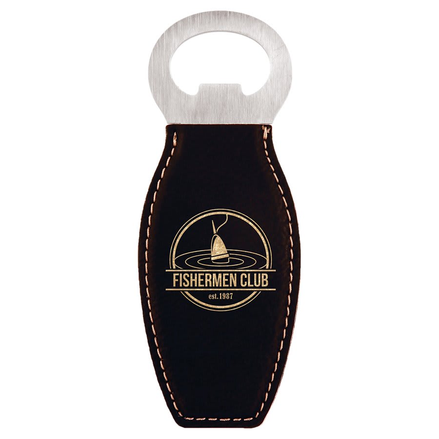 Black/Gold Laserable Leatherette Bottle Opener with Magnet (Sold by Case of 10)