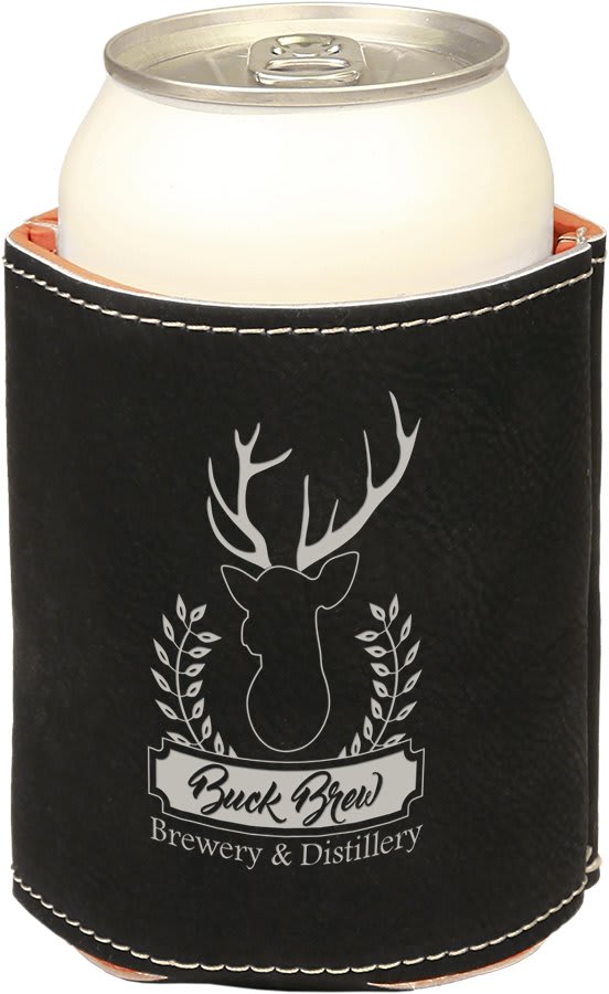 3 3/4" Black/Silver Laserable Leatherette Beverage Holder (Sold by Case of 25)