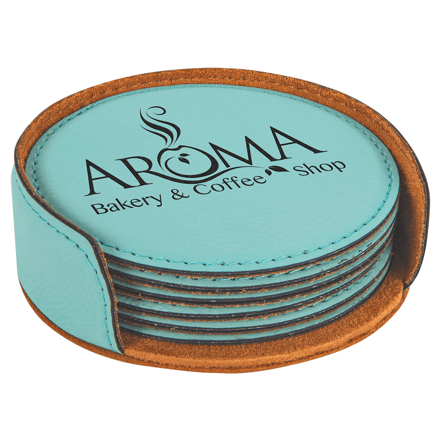4" Teal Round Laserable Leatherette 6-Coaster Set (Sold by Case of 4)