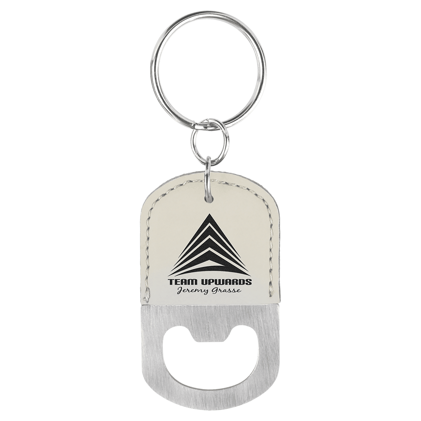 White Laserable Leatherette Oval Bottle Opener Keychain (Sold by Case of 25)