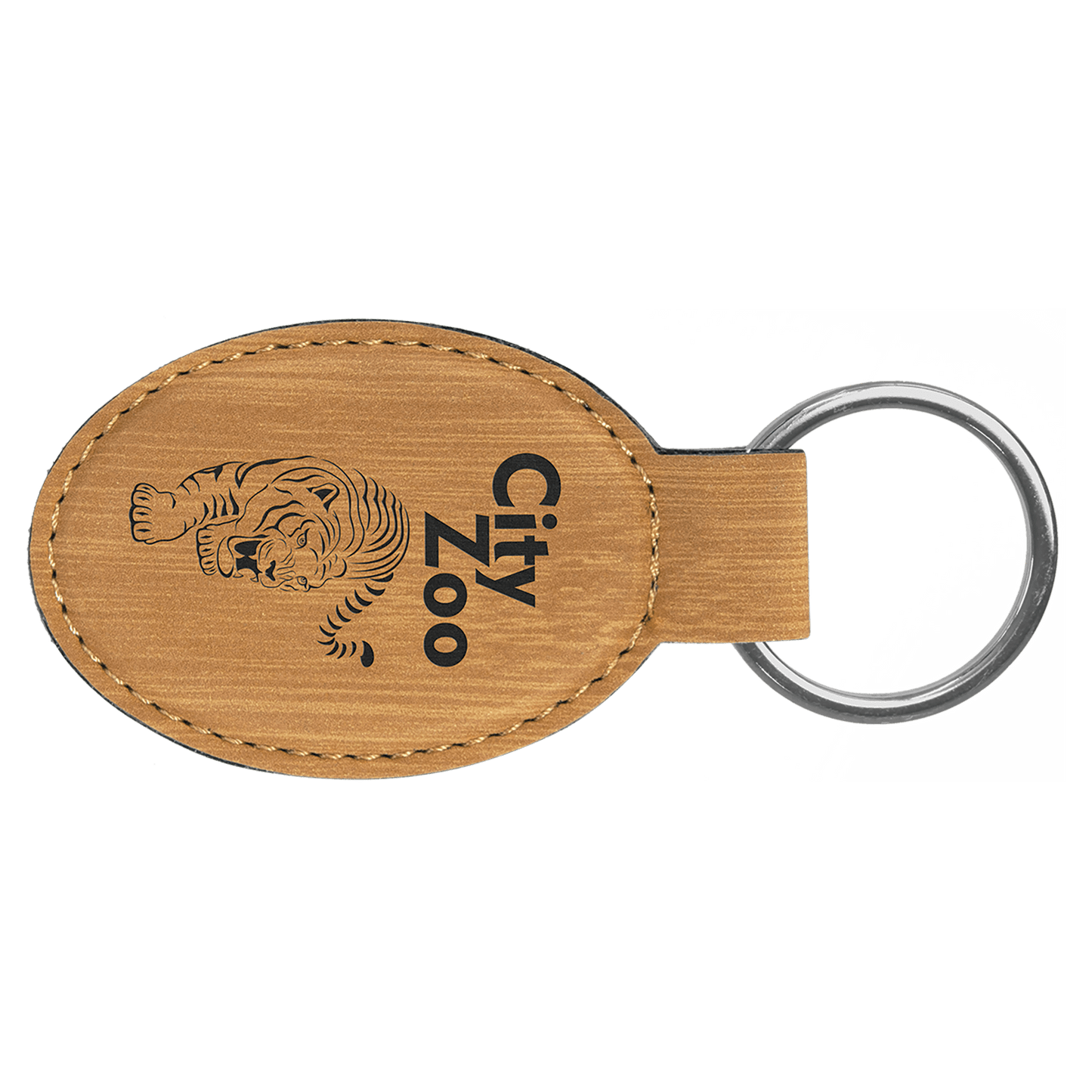 3" x 1 3/4" Bamboo Laserable Leatherette Oval Keychain (Sold by Case of 50)