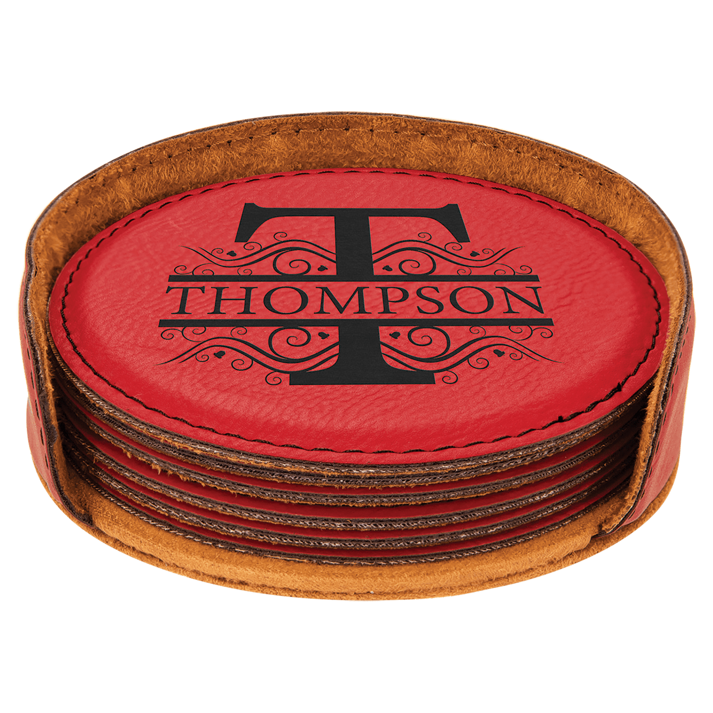 4" Red Laserable Leatherette Round 6-Coaster Set (Sold by Case of 4)