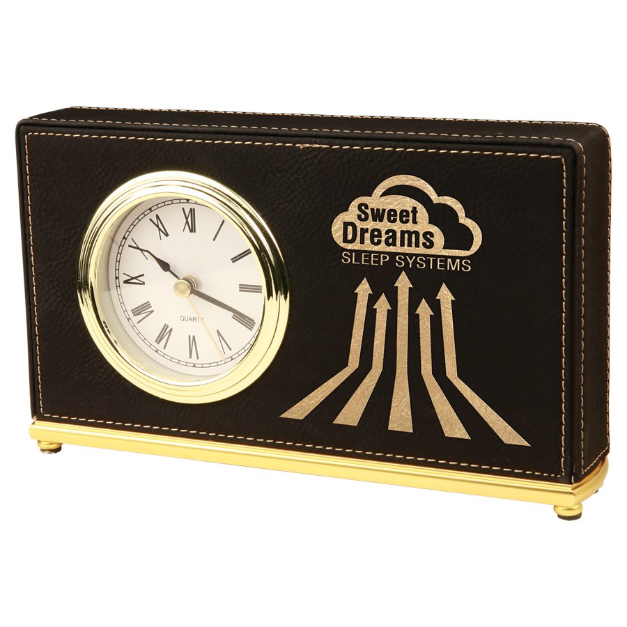 7 1/2" x 4 1/2" Black/Gold Laserable Leatherette Horizontal Desk Clock (Sold by Case of 10)