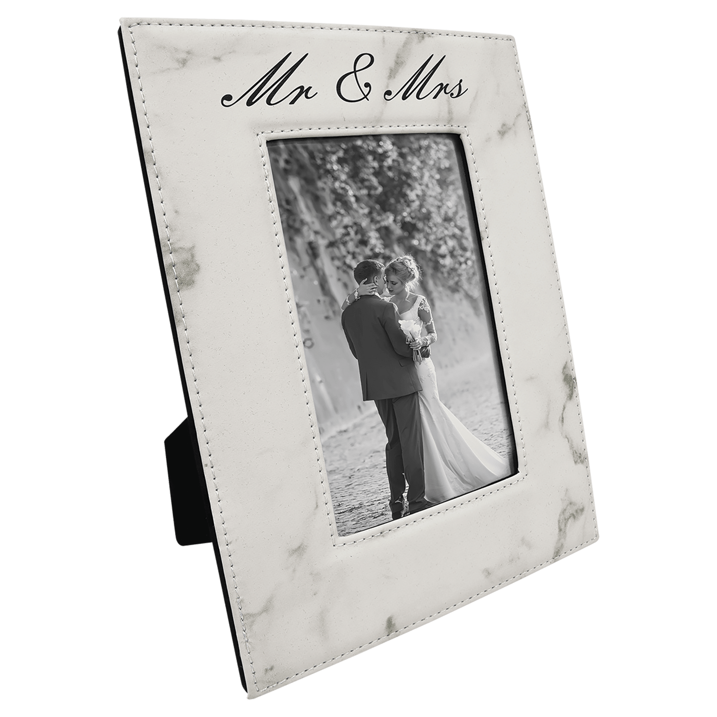 4" x 6" White Marble Laserable Leatherette Photo Frame (Sold by Case of 12)