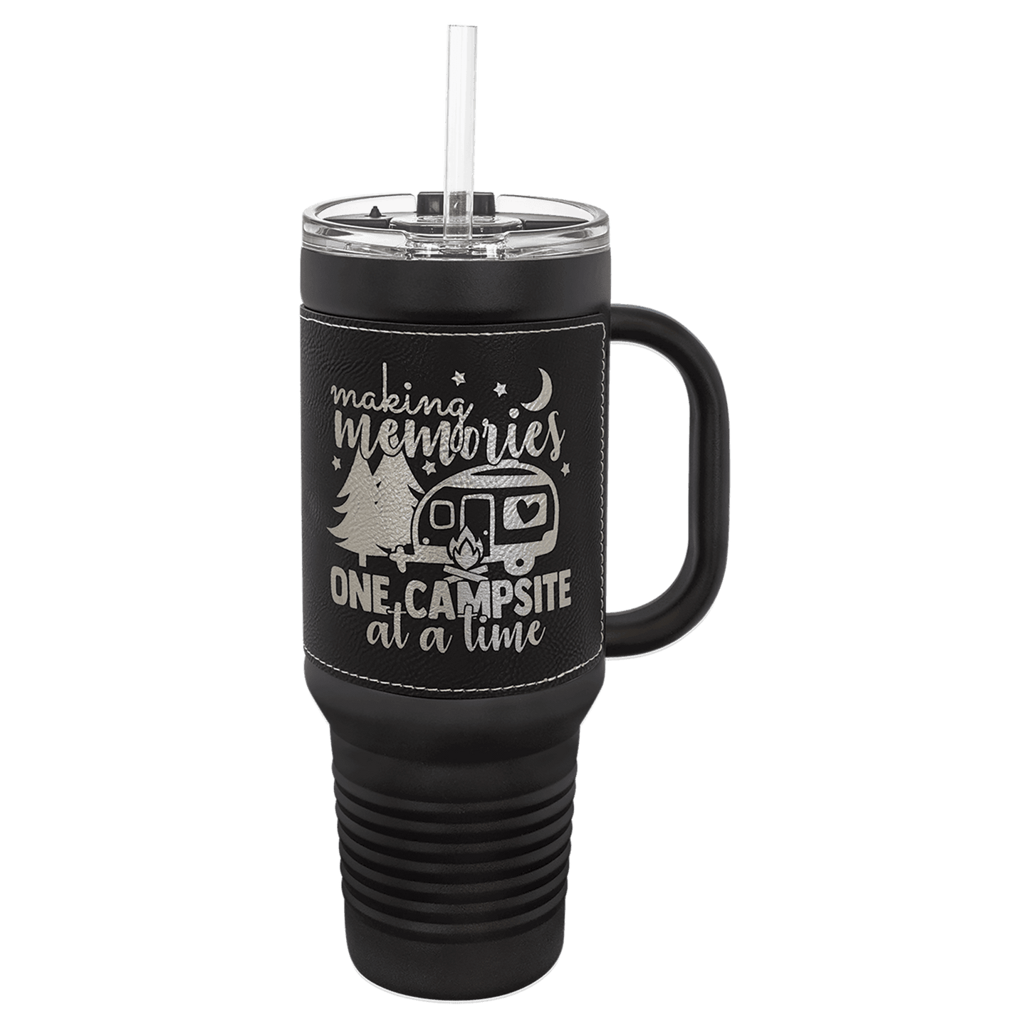 Polar Camel 40 oz. Black with Black/Silver Laserable Leatherette Travel Mug with a Handle, Straw Included (Sold by Case of 12)