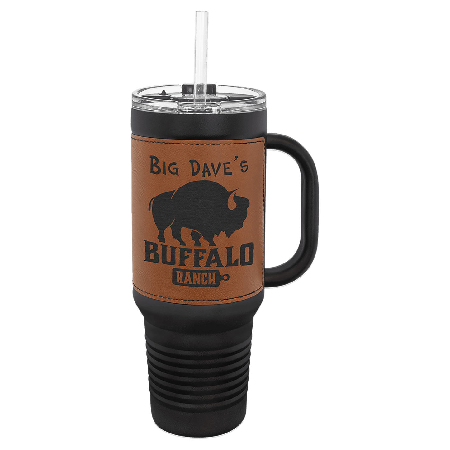 Polar Camel 40 oz. Black with Rawhide Laserable Leatherette Travel Mug with a Handle, Straw Included (Sold by Case of 12)