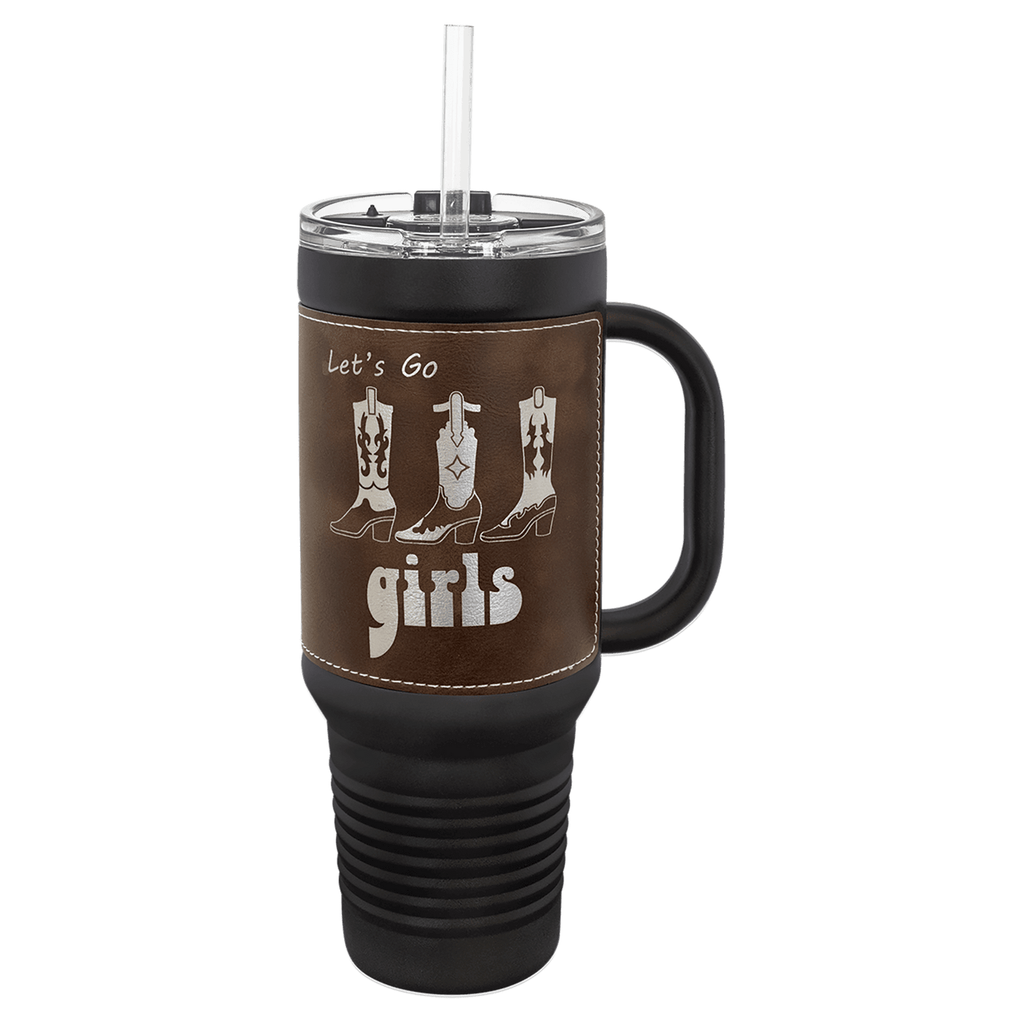 Polar Camel 40 oz. Black with Rustic/Silver Laserable Leatherette Travel Mug with Handle, Straw Included (Sold by Case of 12)