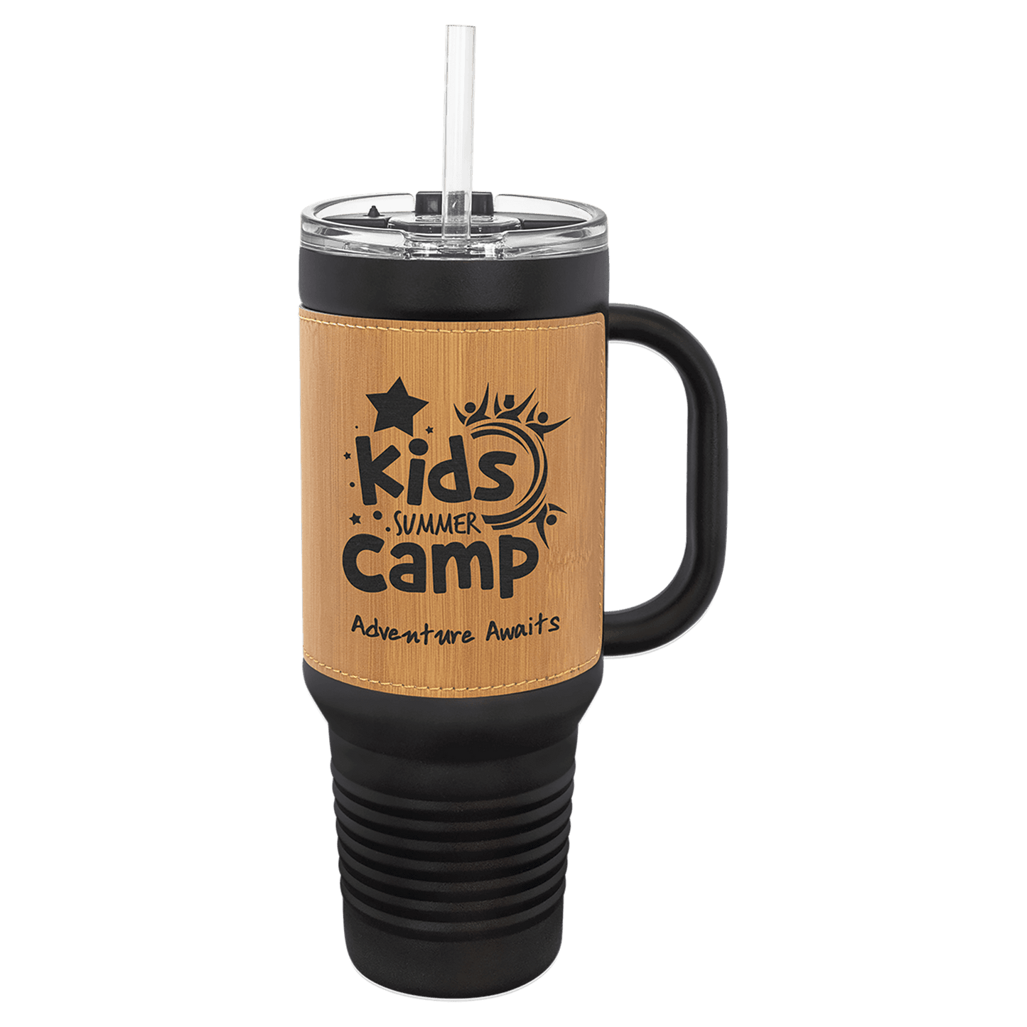 Polar Camel 40 oz. Black with Bamboo Laserable Leatherette Travel Mug with a Handle, Straw Included (Sold by Case of 12)