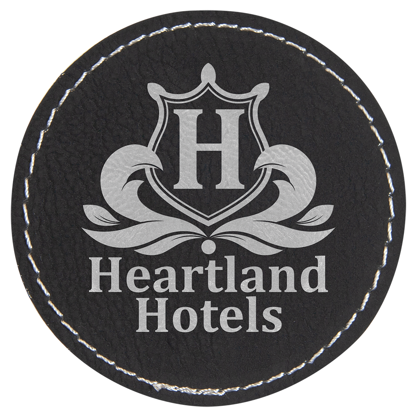 2 1/2" Round Black/Silver Laserable Leatherette Patch with Adhesive (Sold by Case of 25)