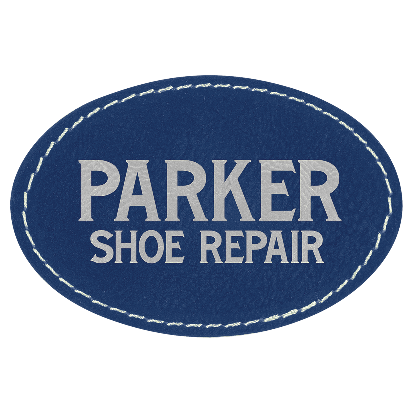 3" x 2" Oval Blue/Silver Laserable Leatherette Patch with Adhesive (Sold by Case of 25)