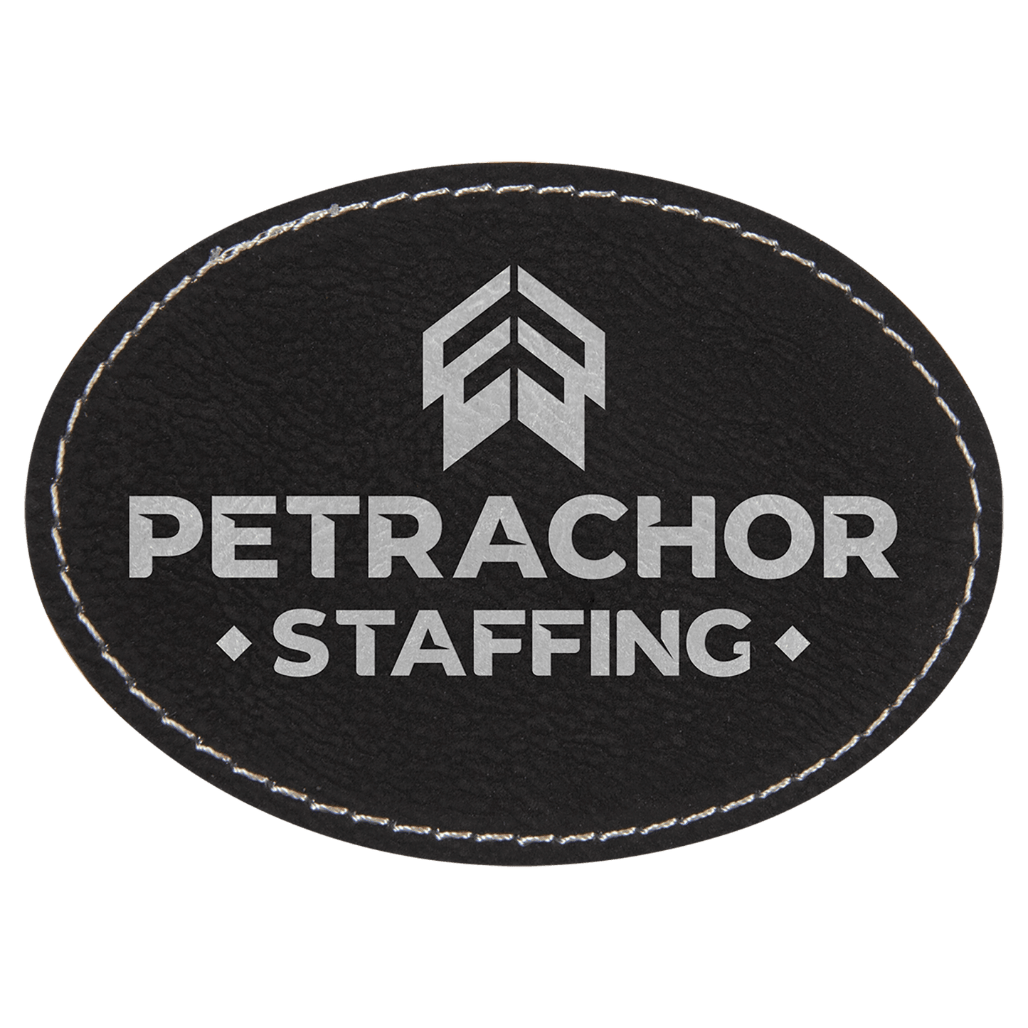 3 1/2" x 2 1/2" Oval Black/Silver Laserable Leatherette Patch with Kota Pro Adhesive (Sold by Case of 25)