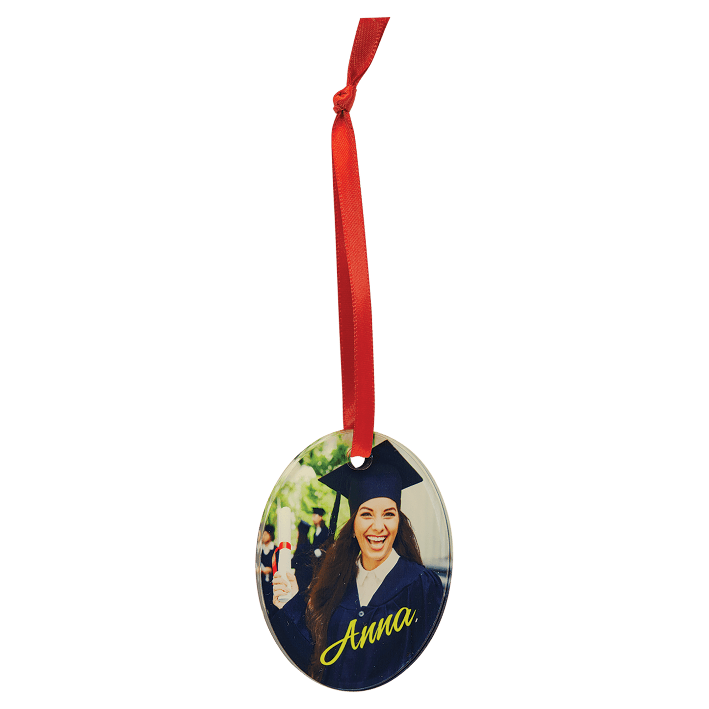 2 1/4" x 3" Oval Sublimatable Acrylic Ornament with Red Ribbon (Sold by Case of 10)