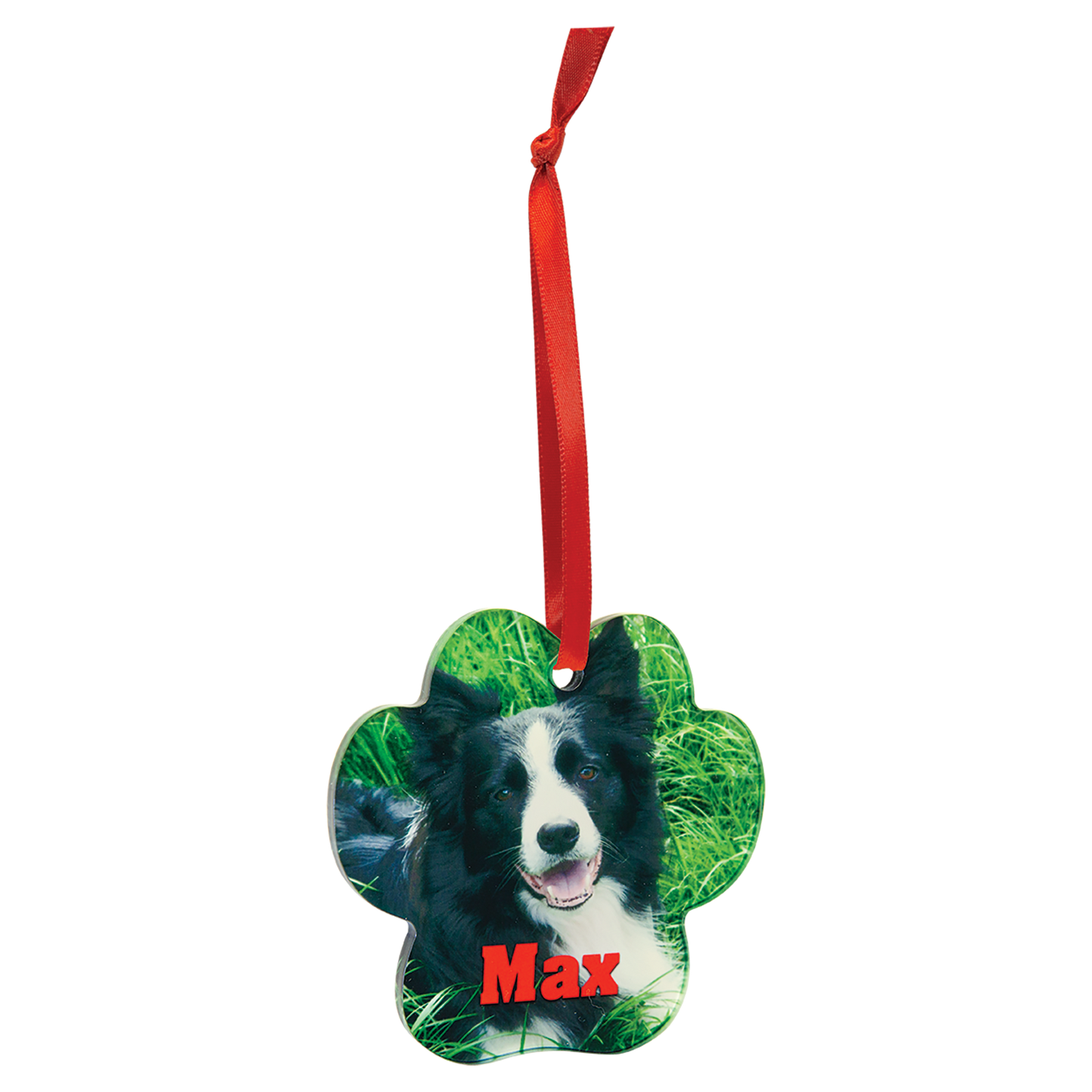 3 3/4" x 3 1/2" Paw Sublimatable Acrylic Ornament with Red Ribbon (Sold by Case of 10)