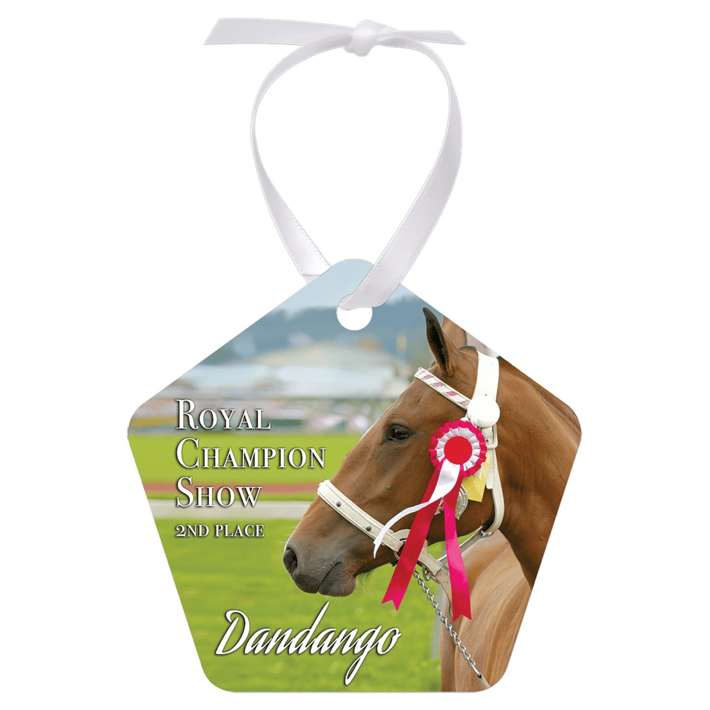 2.75"x 2.75 Gloss White Aluminum Pentagon Ornament, 1-Side w/White Ribbon (Sold by Case of 50)