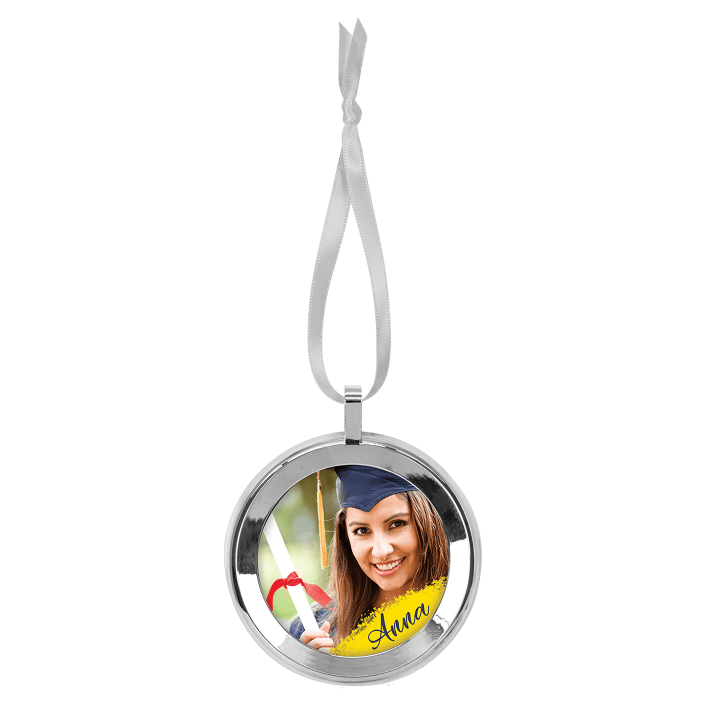3" Diameter Silver Metal Ornament with White Ribbon (Sold by Case of 48)