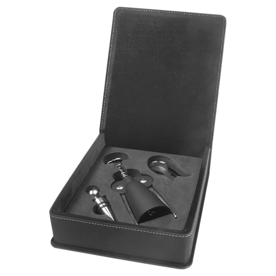 Black/Gold Laserable Leatherette 3-Piece Wine Tool Gift Set (Sold by Case of 6)