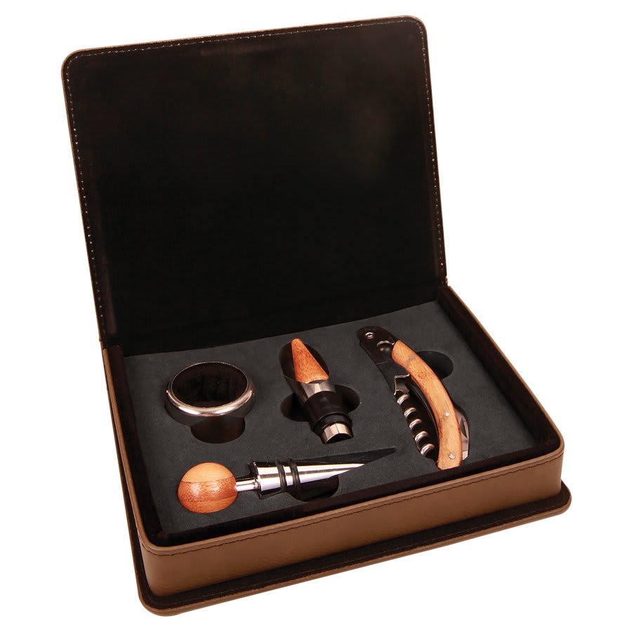 Dark Brown Laserable Leatherette 4-Piece Wine Tool Set (Sold by Case of 6)