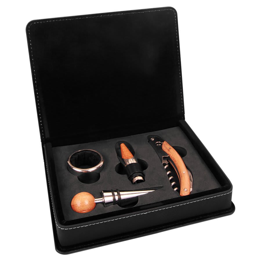 Black/Gold Laserable Leatherette 4-Piece Wine Tool Set (Sold by Case of 6)