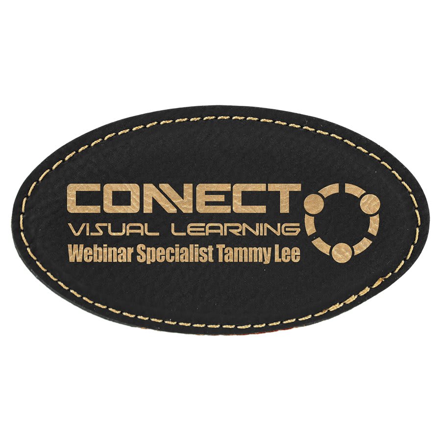 3 1/4" x 1 3/4" Black/Gold Laserable Leatherette Oval Badge Blank with Magnet (Sold by Case of 50)