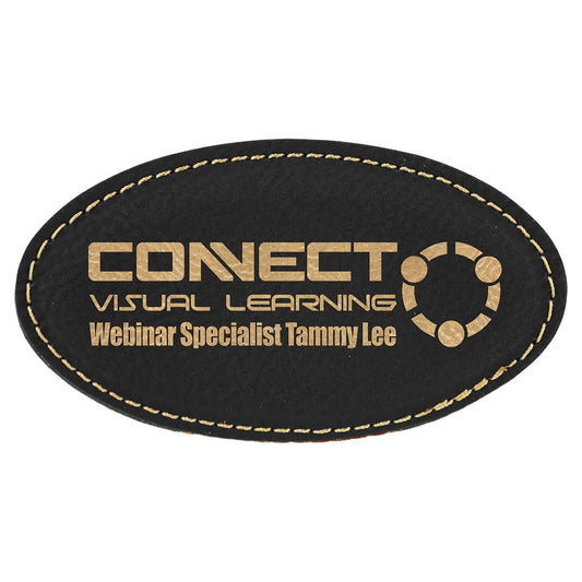 3 1/4" x 1 3/4" Black/Gold Laserable Leatherette Oval Badge Blank with Magnet (Sold by Case of 50)
