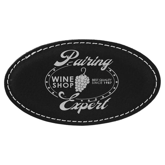 3 1/4" x 1 3/4" Black/Silver Laserable Leatherette Oval Badge Blank with Magnet (Sold by Case of 50)