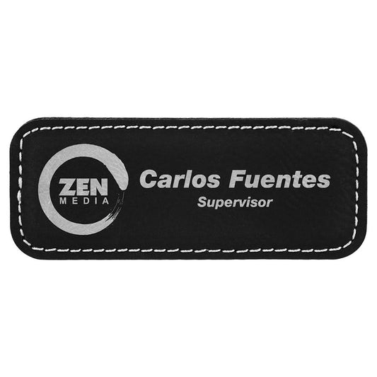 3 1/4" x 1 1/4" Black/Silver Laserable Leatherette Badge Blank with Magnet (Sold by Case of 50)