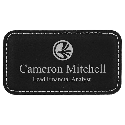 3 1/4" x 1 3/4" Black/Silver Laserable Leatherette Badge Blank with Magnet (Sold by Case of 50)