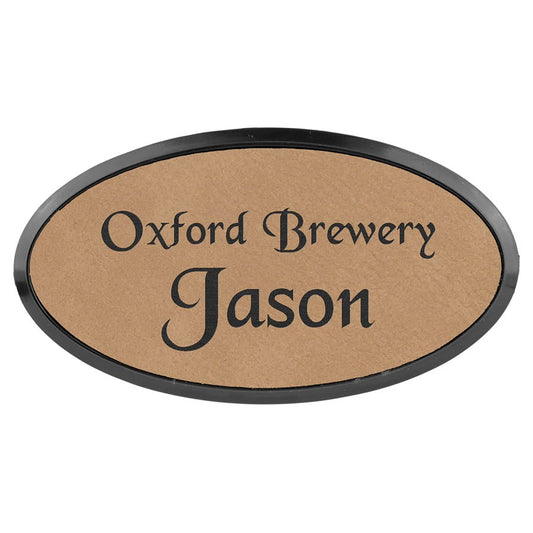 3" x 1 1/2" Light Brown Laserable Leatherette Oval Badge & Frame (Sold by Case of 50)