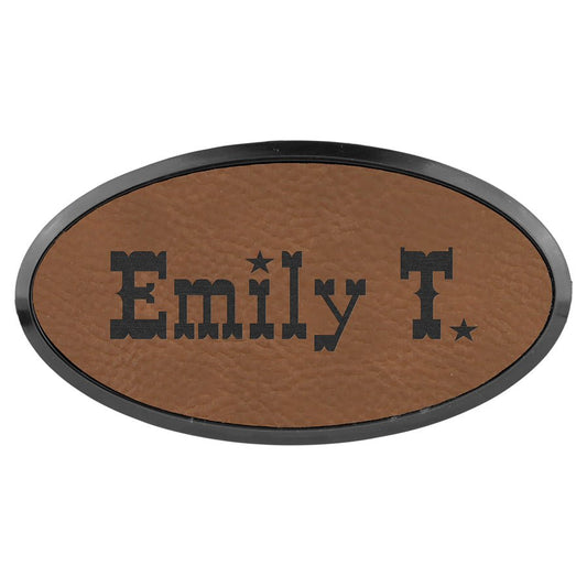 3" x 1 1/2" Dark Brown Laserable Leatherette Oval Badge & Frame (Sold by Case of 50)