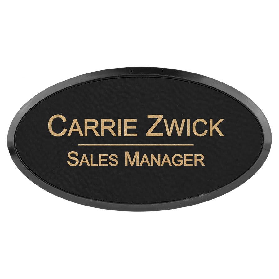 3" x 1 1/2" Black/Gold Laserable Leatherette Oval Badge & Frame (Sold by Case of 50)