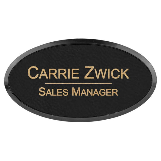 3" x 1 1/2" Black/Gold Laserable Leatherette Oval Badge & Frame (Sold by Case of 50)