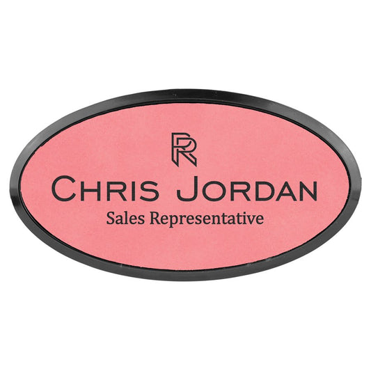3" x 1 1/2" Pink Laserable Leatherette Oval Badge & Frame (Sold by Case of 50)