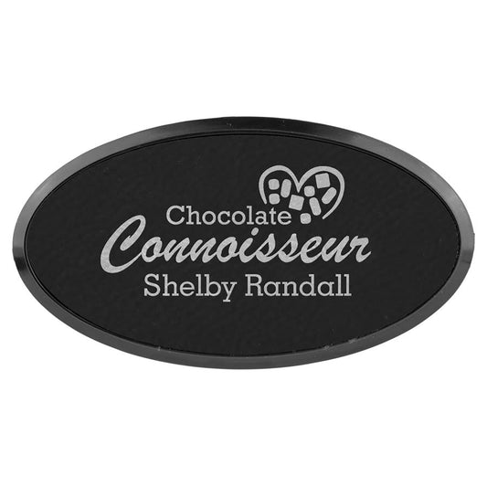 3" x 1 1/2" Black/Silver Laserable Leatherette Oval Badge & Frame (Sold by Case of 50)