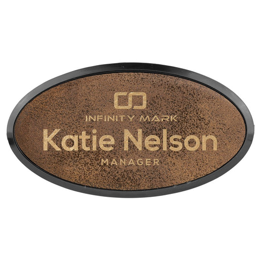 3" x 1 1/2" Rustic/Gold Laserable Leatherette Oval Badge & Frame (Sold by Case of 50)