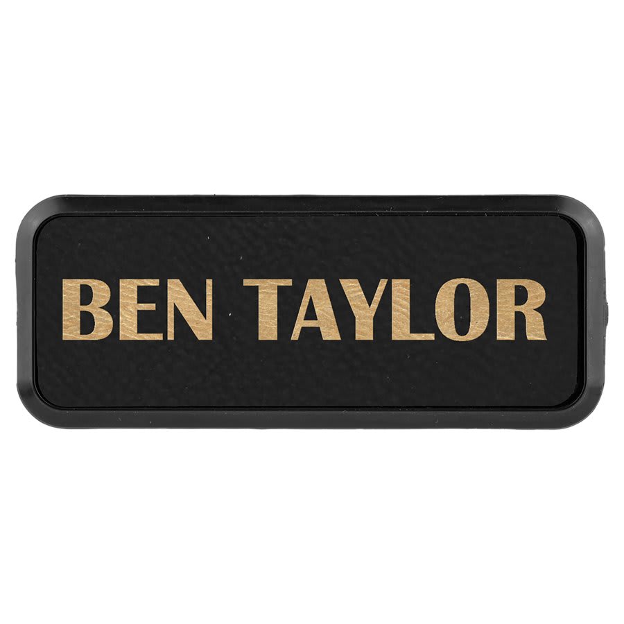 3" x 1" Black/Gold Laserable Leatherette Round Corner Badge & Frame (Sold by Case of 50)