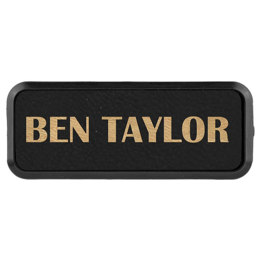 3" x 1" Black/Gold Laserable Leatherette Round Corner Badge & Frame (Sold by Case of 50)